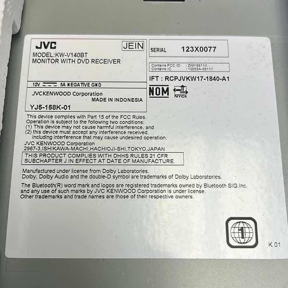 Photo 1 of JVC CAR MONITOR W DVD RECEIVER MODEL KW-V140BT