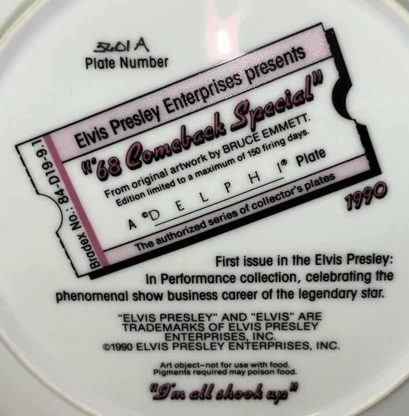 Photo 1 of ELVIS PRESLEY 1990 DELPHI 8.5” COLLECTIBLE PLATE “68 COMEBACK SPECIAL” (PLATE #5601A)