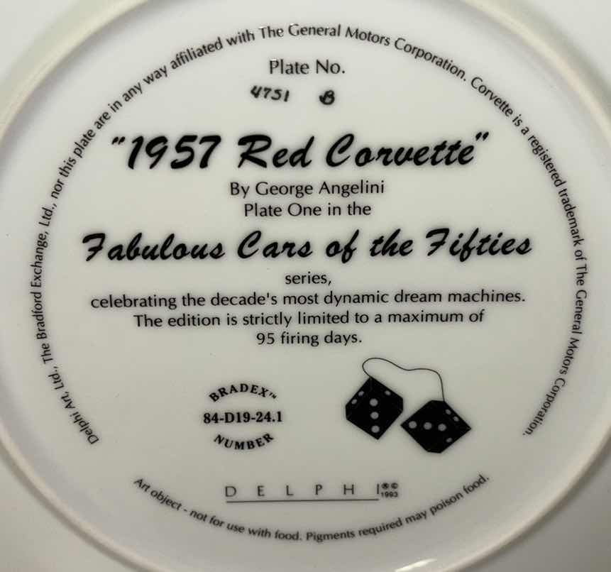 Photo 1 of 1993 DELPHI 8.25” COLLECTIBLE PLATE “1957 RED CORVETTE” PLATE ONE IN THE THE FABULOUS CARS OF THE FIFTIES SERIES (PLATE #4751B)