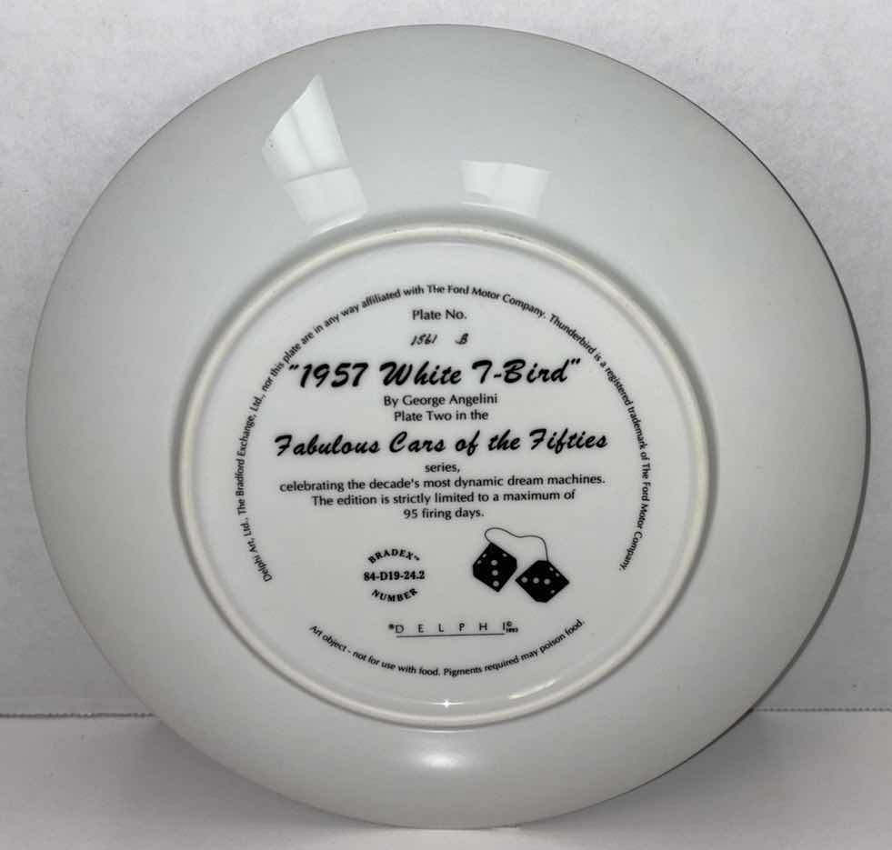 View 2 of 1993 DELPHI 8.25” COLLECTIBLE PLATE “1957 WHITE T-BIRD” PLATE TWO IN THE THE FABULOUS CARS OF THE FIFTIES SERIES (PLATE #1561B)