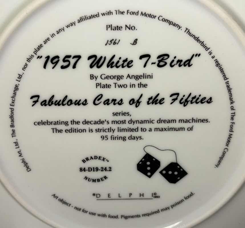 View 3 of 1993 DELPHI 8.25” COLLECTIBLE PLATE “1957 WHITE T-BIRD” PLATE TWO IN THE THE FABULOUS CARS OF THE FIFTIES SERIES (PLATE #1561B)