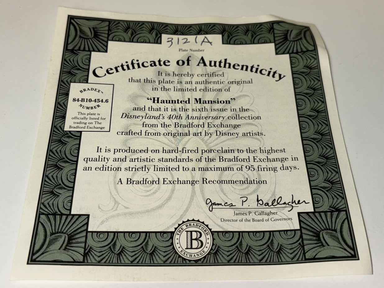 View 5 of THE BRADFORD EXCHANGE 1995 8.25” LIMITED EDITION COLLECTIBLE PLATE W/COA “HAUNTED MANSION” SIXTH PLATE IN DISNEYLAND’S 40TH ANNIVERSARY PLATE COLLECTION (PLATE #3121A)