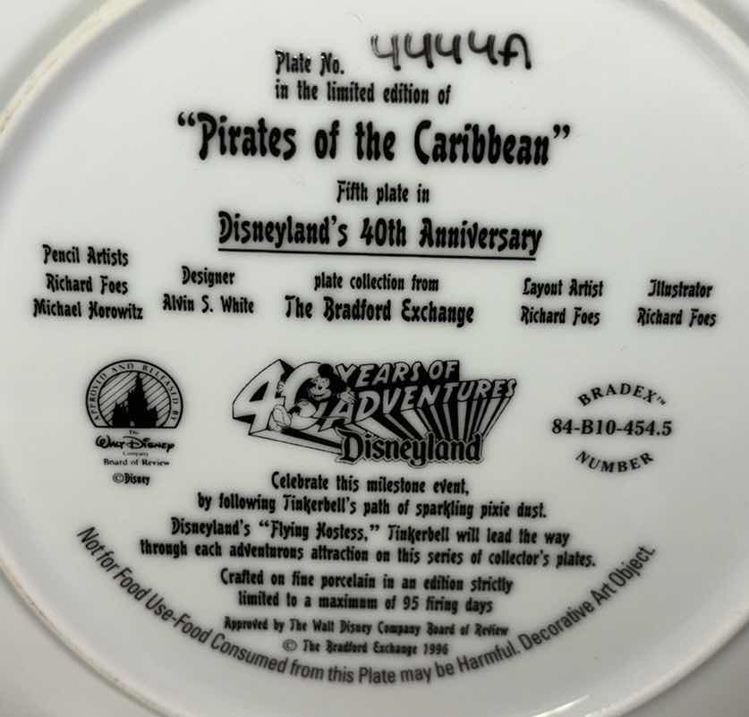 View 4 of THE BRADFORD EXCHANGE 1995 8.25” LIMITED EDITION COLLECTIBLE PLATE W/COA “PIRATES OF THE CARIBBEAN” FIFTH PLATE IN DISNEYLAND’S 40TH ANNIVERSARY PLATE COLLECTION (PLATE #4444A)