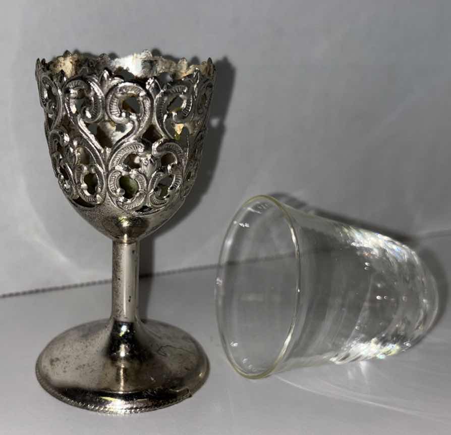 Photo 1 of VINTAGE RAIMOND JAPAN SILVER PLATE & GLASS STEMMED 3.75” SHOT CORDIAL GLASSES SET (6)