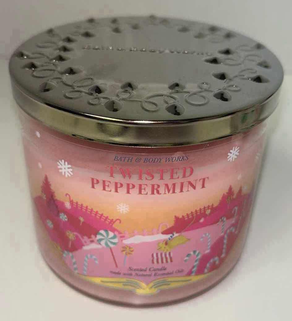 Photo 1 of NEW BATH & BODY WORKS TWISTED PEPPERMINT SCENTED CANDLE & LARGE 3 WICK FLORAL TOSS METAL CANDLE HOLDER SLEEVE
