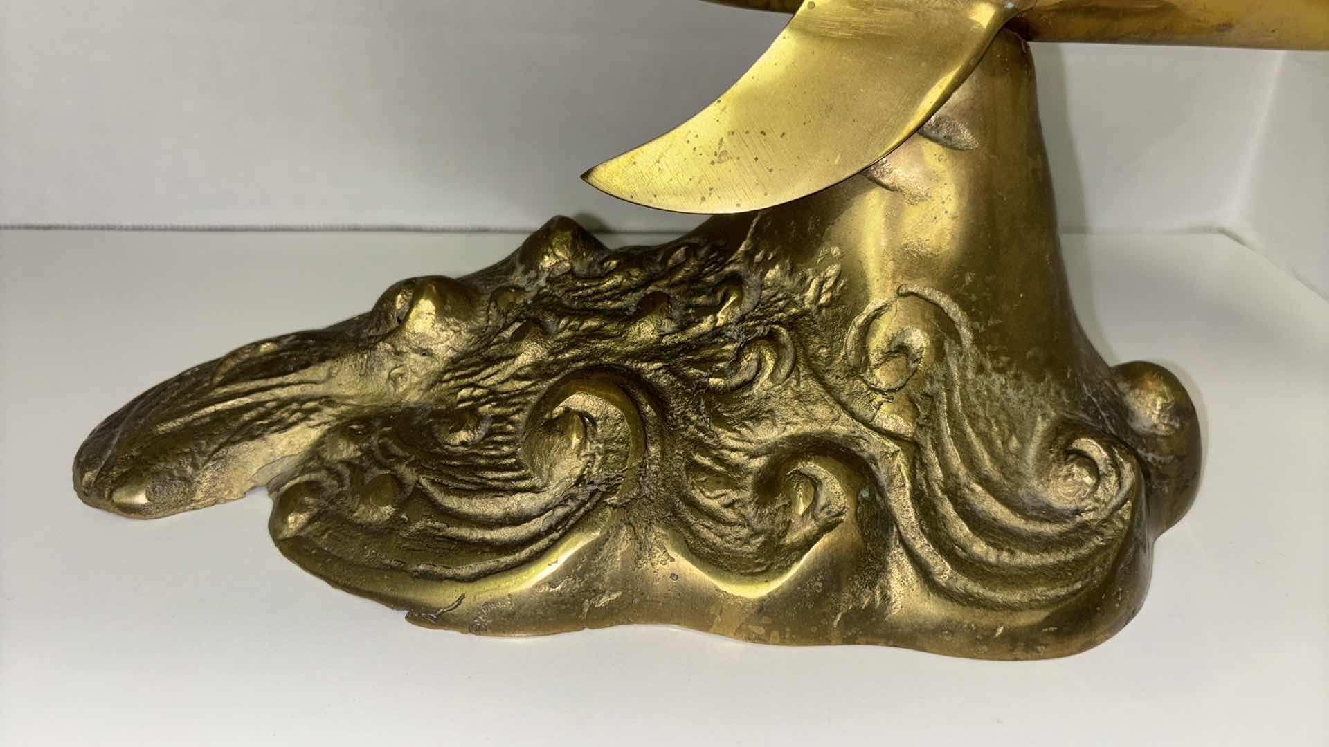 Photo 1 of VINTAGE BRASS SWIMMING DOLPHINS & WAVES SCULPTURE 6” X 16” H17.5”