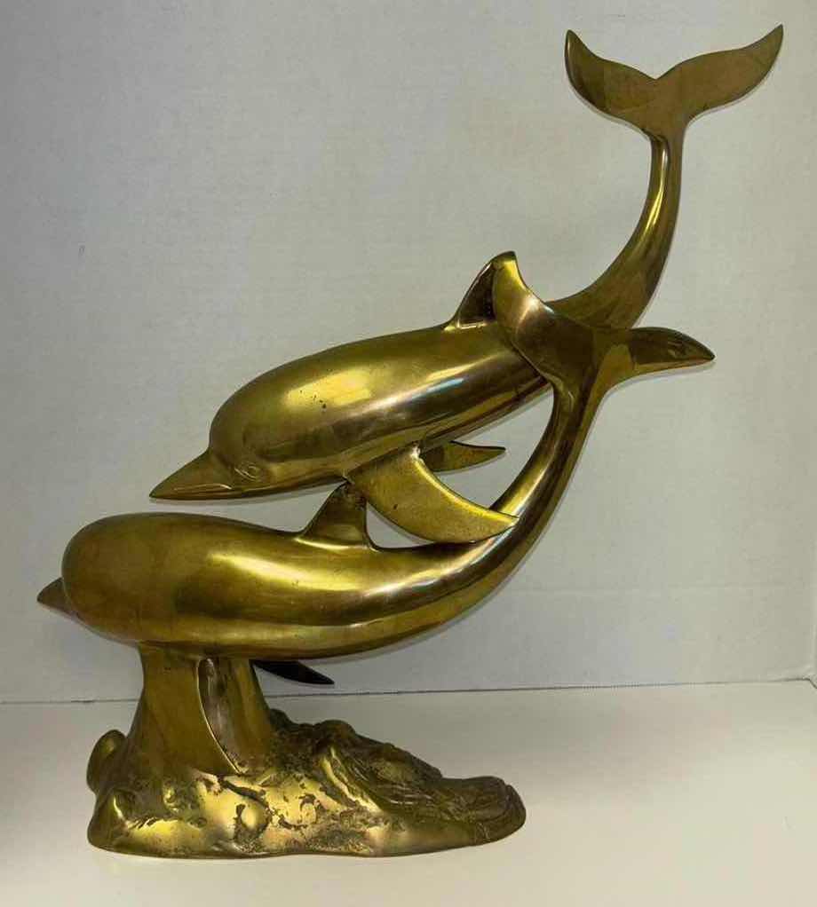 Photo 1 of VINTAGE BRASS SWIMMING DOLPHINS & WAVES SCULPTURE 6” X 16” H17.5”