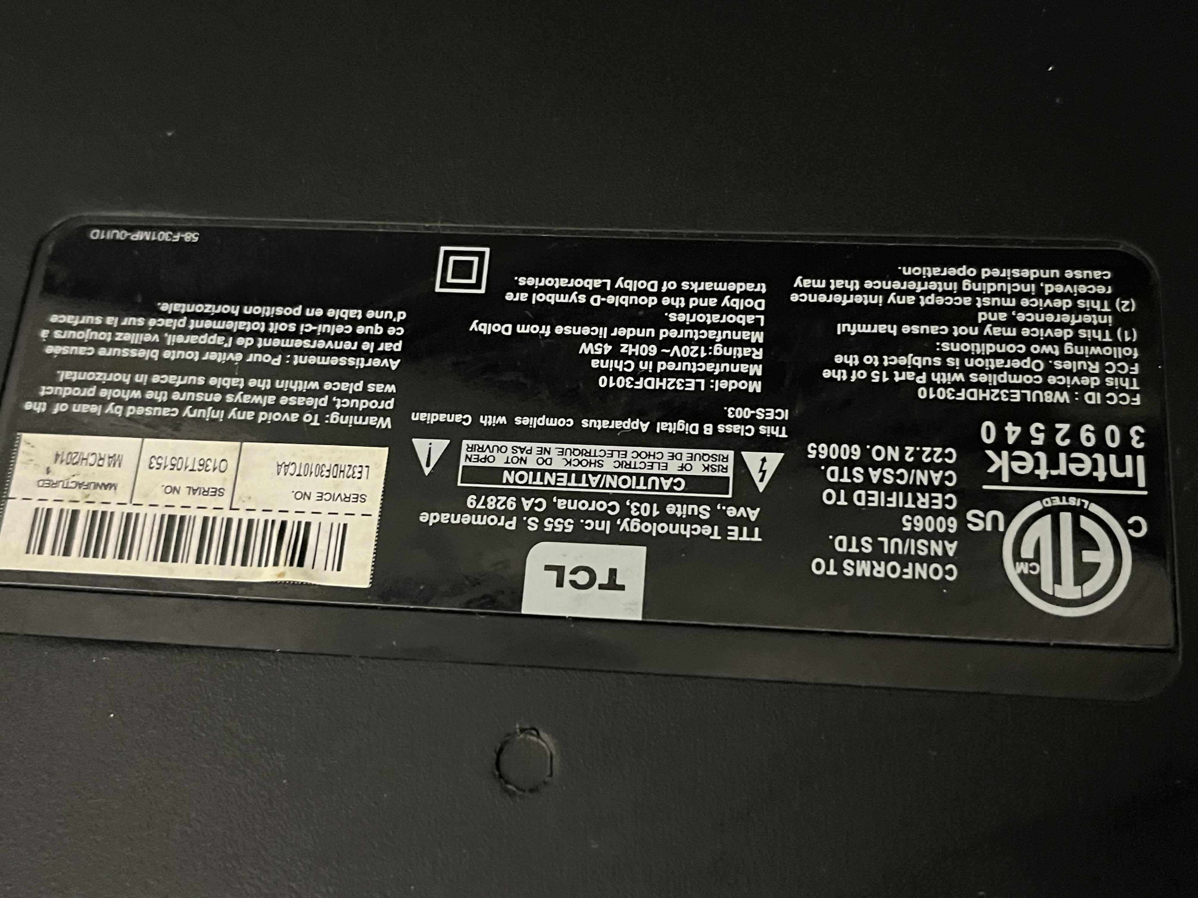 Photo 1 of TCL 32” LED HDTV MODEL LE32HDF3010