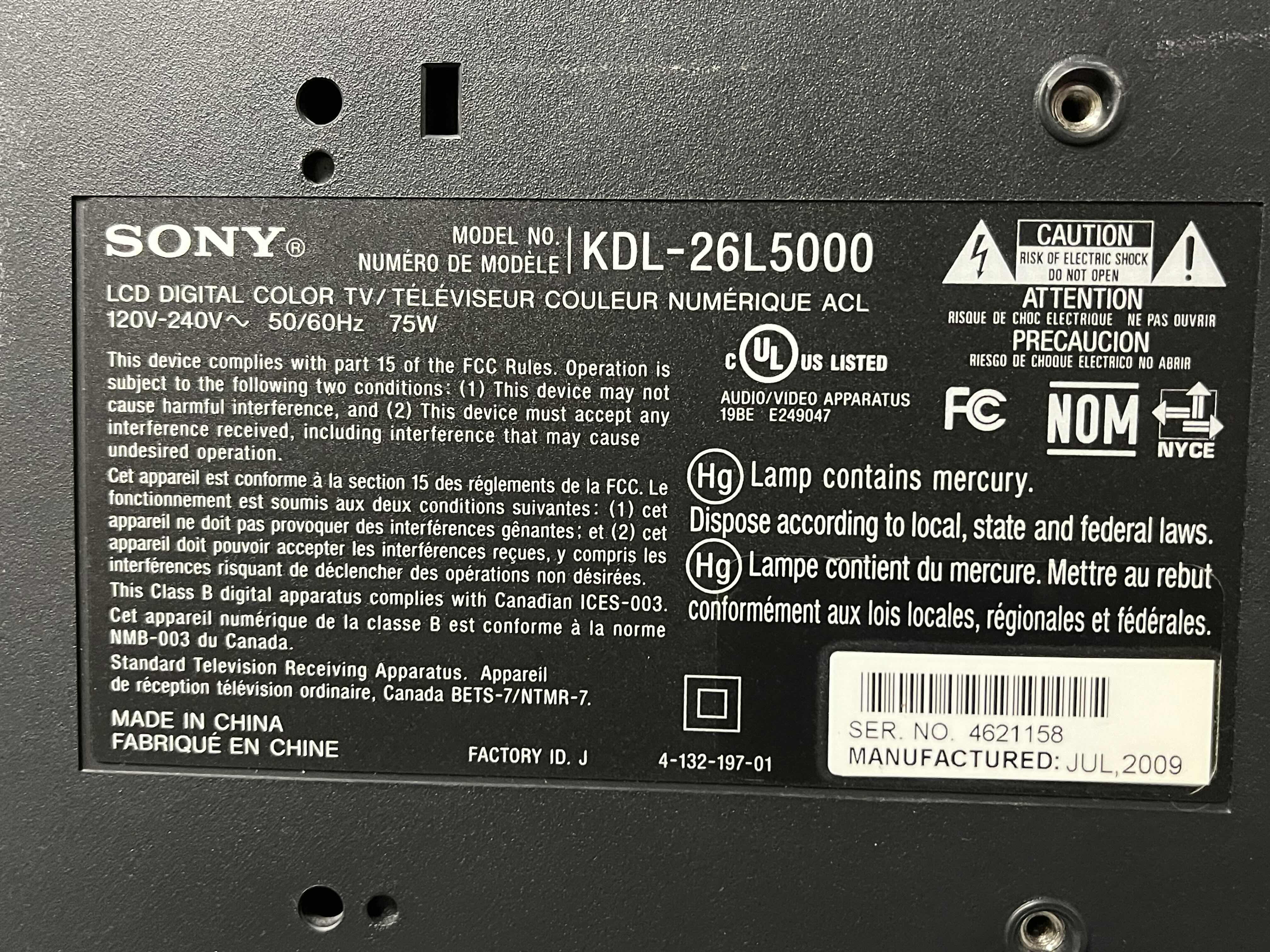 Photo 1 of SONY BRAVIA 26” LCD TV MODEL KDL-26L5000