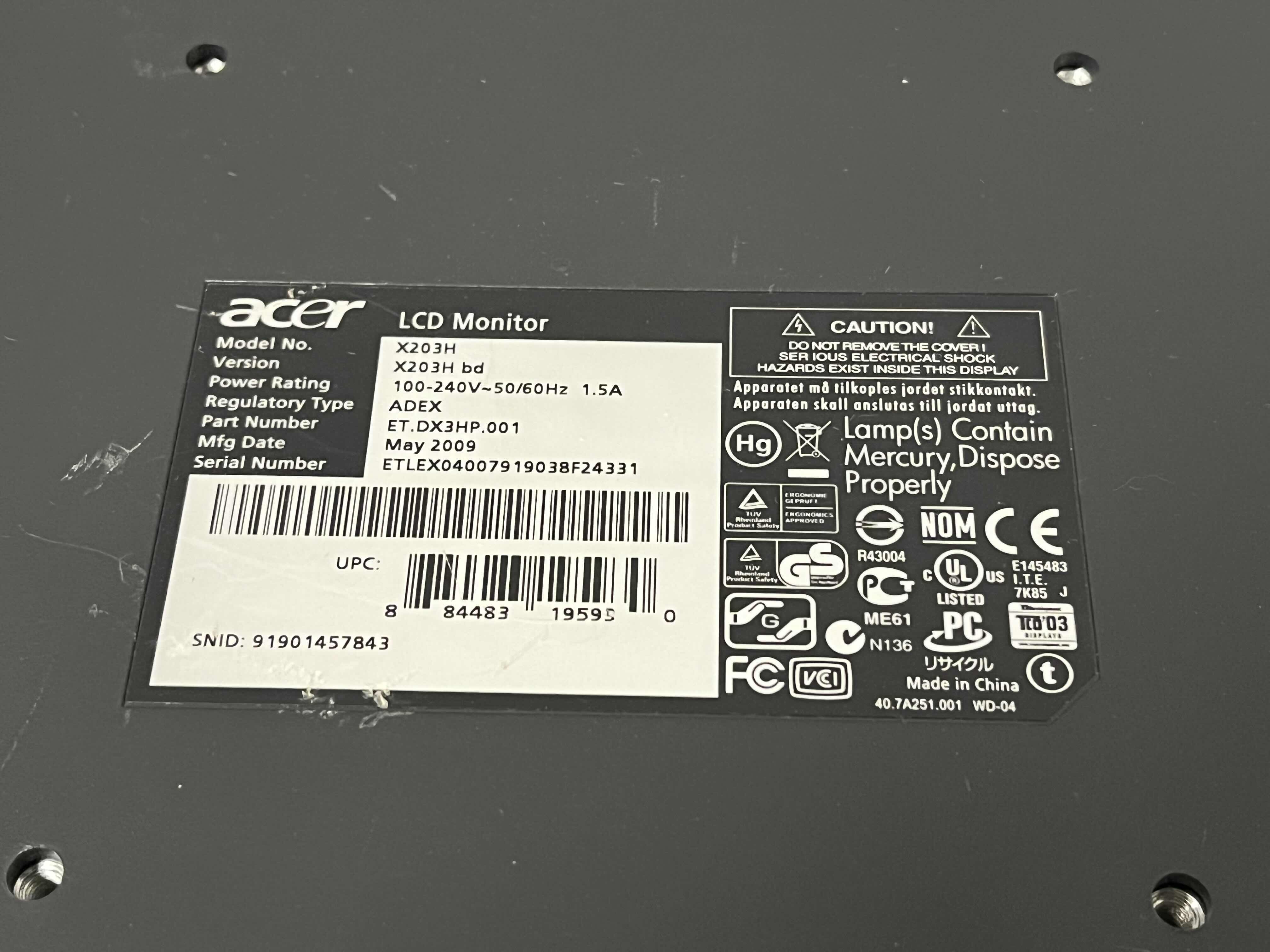 Photo 1 of ACER 20” LCD MONITOR MODEL X203H
