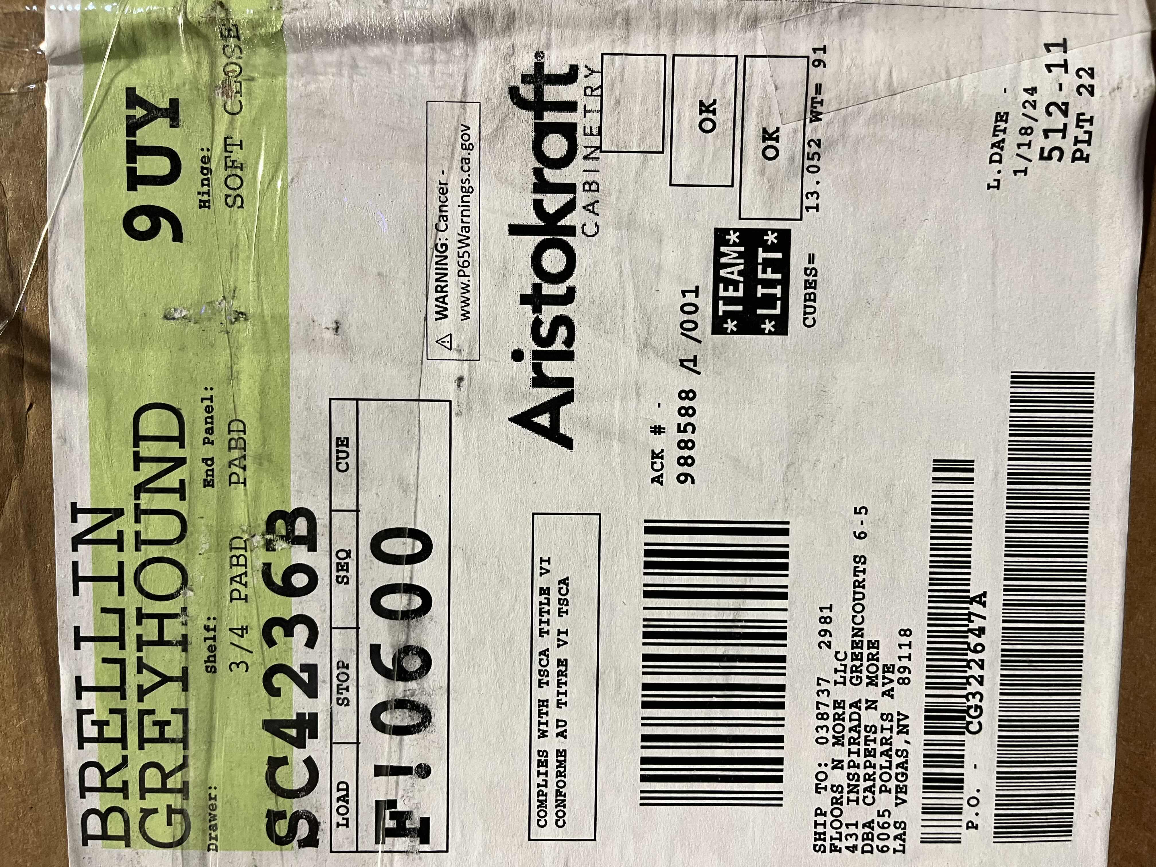 Photo 1 of ARISTOKRAFT CABINETRY BRELLIN STYLE GREYHOUND FINISH PURESTYLE LAMINATE 2 DOOR SQUARE CORNER WALL CABINET SC4236B 42” X 12.75” H36” (READ NOTES)