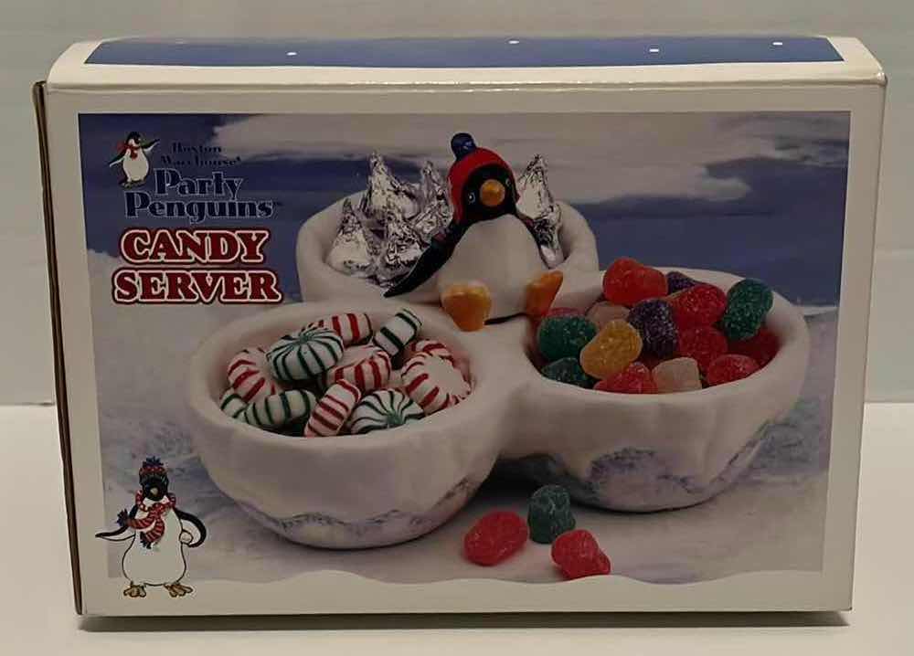 Photo 1 of BOSTON WAREHOUSE PARTY PENGUINS CANDY SERVER 8” X 8” H4.5”