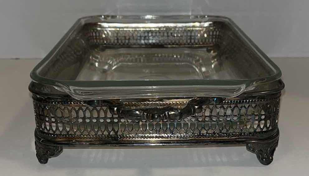 Photo 2 of ANCHOR HOCKING FIRE KING RECTANGULAR GLASS CASSEROLE DISH W ANTIQUE SILVER PLATED TRAY 16.5” X 8.5” H3”