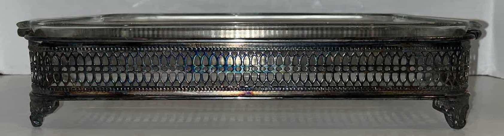 Photo 4 of ANCHOR HOCKING FIRE KING RECTANGULAR GLASS CASSEROLE DISH W ANTIQUE SILVER PLATED TRAY 16.5” X 8.5” H3”