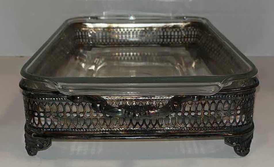 Photo 3 of ANCHOR HOCKING FIRE KING RECTANGULAR GLASS CASSEROLE DISH W ANTIQUE SILVER PLATED TRAY 16.5” X 8.5” H3”