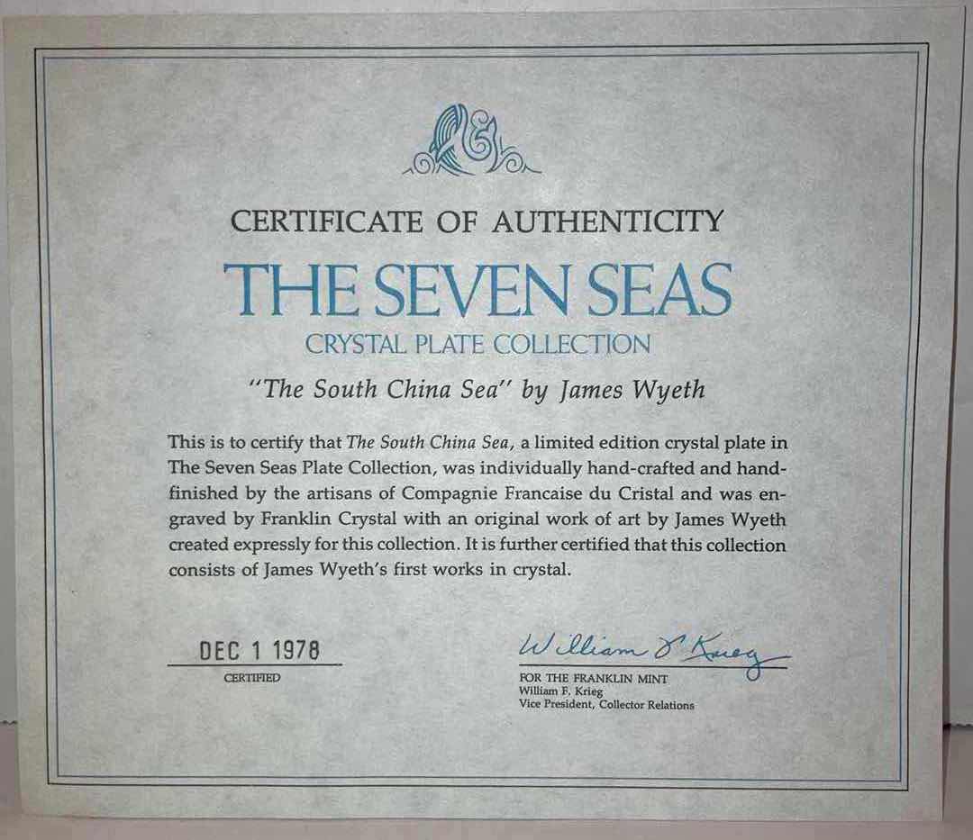 Photo 1 of FRANKLIN CRYSTAL THE SEVEN SEAS PLATE COLLECTION “THE SOUTH CHINA SEA” 8.75” (COA INCLUDED)