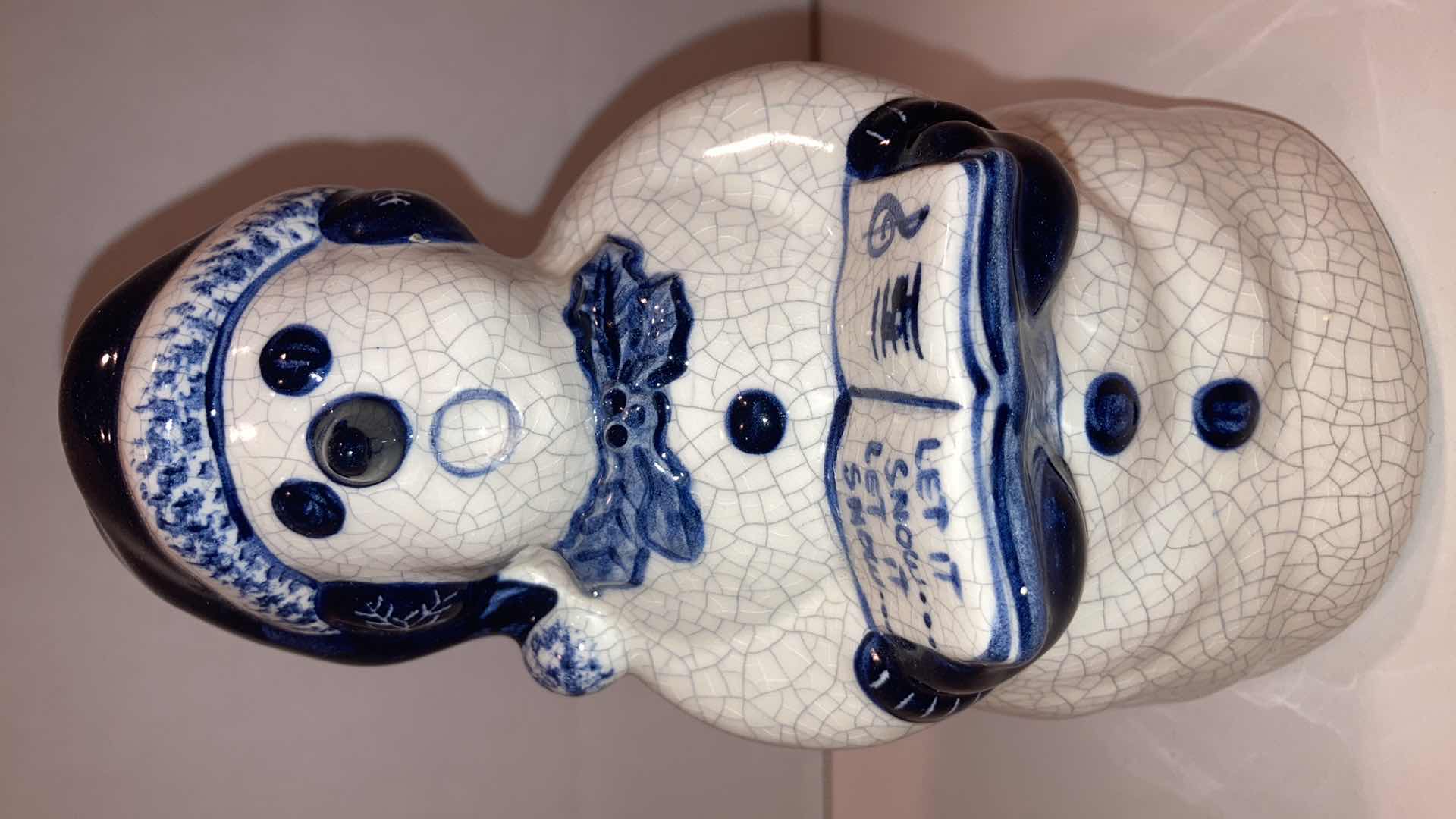 Photo 1 of DEDHAM POTTERY ICE CRACK GLAZE CERAMIC CAROLING SNOWMAN FIGURINE H7”
