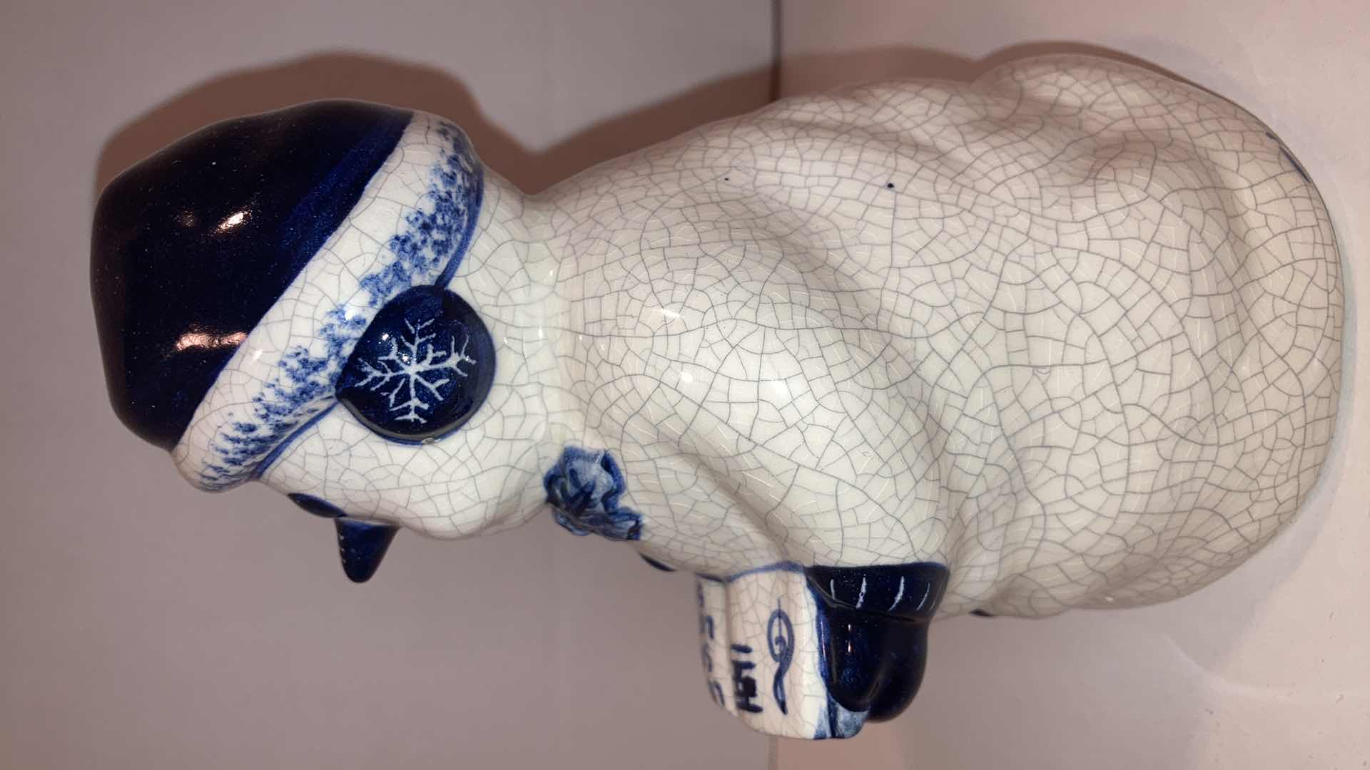 Photo 1 of DEDHAM POTTERY ICE CRACK GLAZE CERAMIC CAROLING SNOWMAN FIGURINE H7”