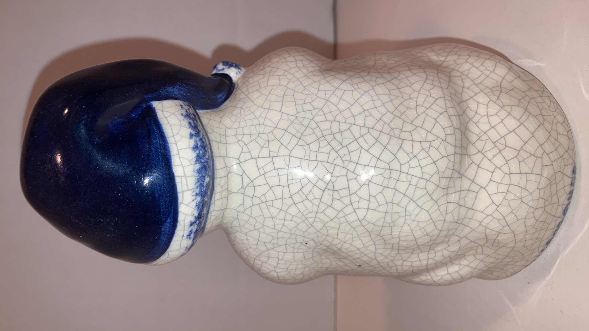 Photo 1 of DEDHAM POTTERY ICE CRACK GLAZE CERAMIC CAROLING SNOWMAN FIGURINE H7”