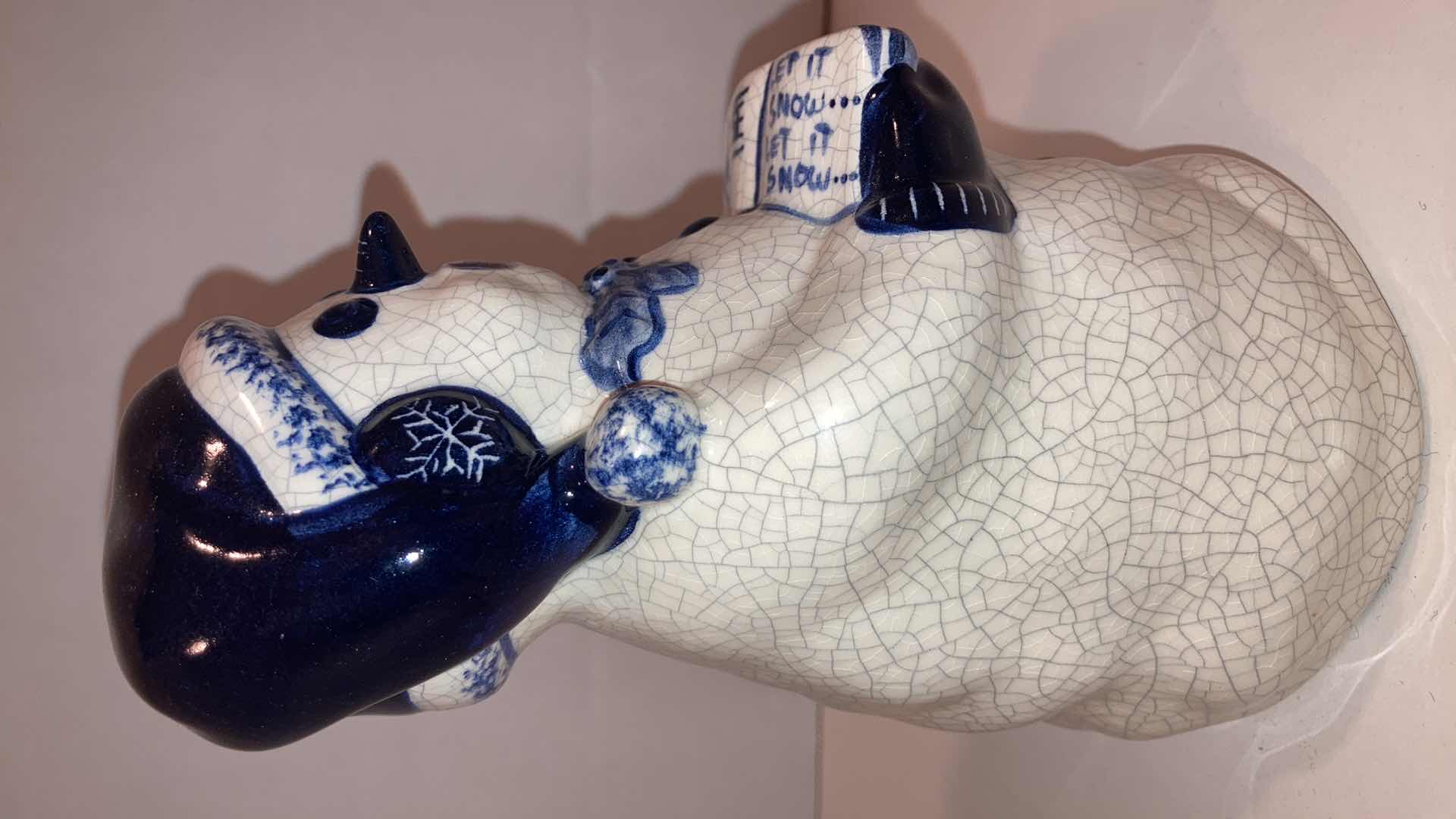 Photo 1 of DEDHAM POTTERY ICE CRACK GLAZE CERAMIC CAROLING SNOWMAN FIGURINE H7”