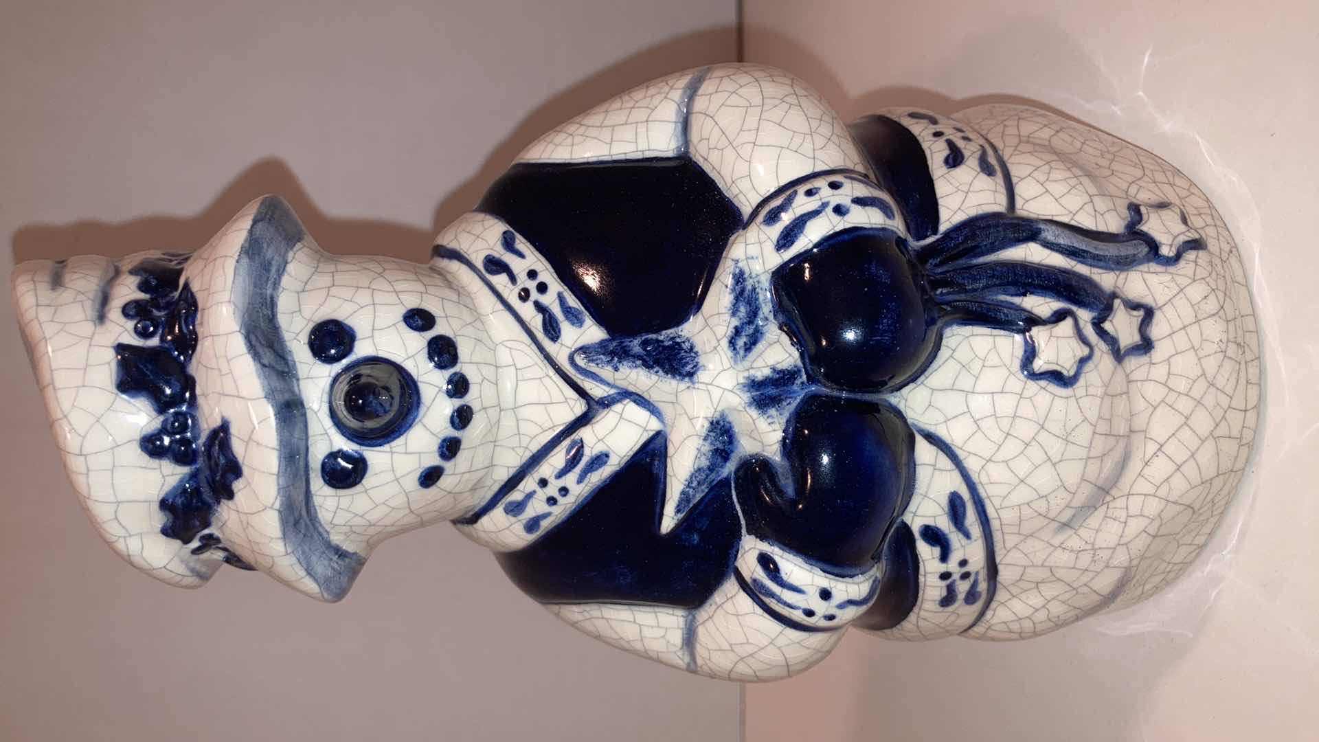 Photo 1 of DEDHAM POTTERY ICE CRACK GLAZE SNOWMAN HOLDING STAR FIGURINE H8”