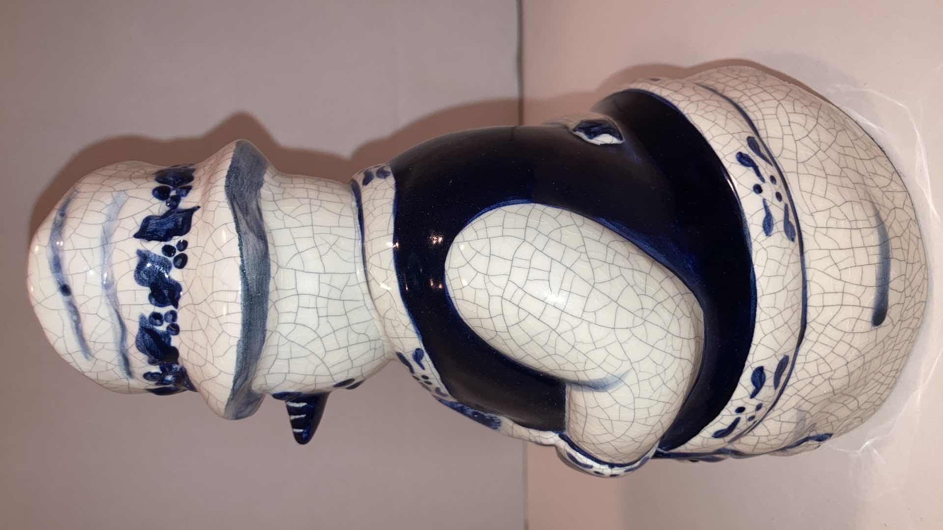 Photo 1 of DEDHAM POTTERY ICE CRACK GLAZE SNOWMAN HOLDING STAR FIGURINE H8”