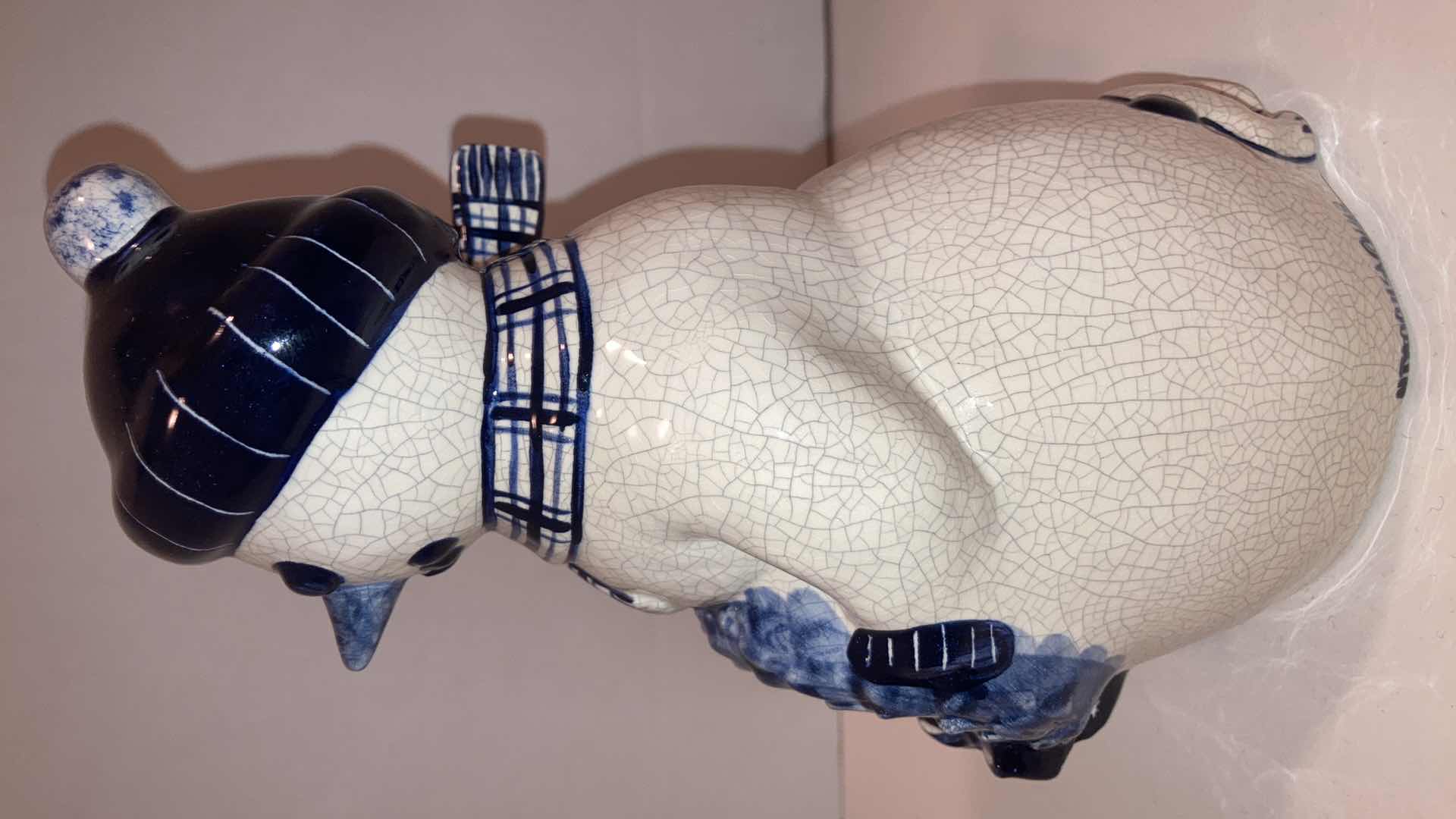 Photo 1 of DEDHAM POTTERY UCE CRACK GLAZE SNOWMAN HOLDING WREATH FIGURINE H8.75”