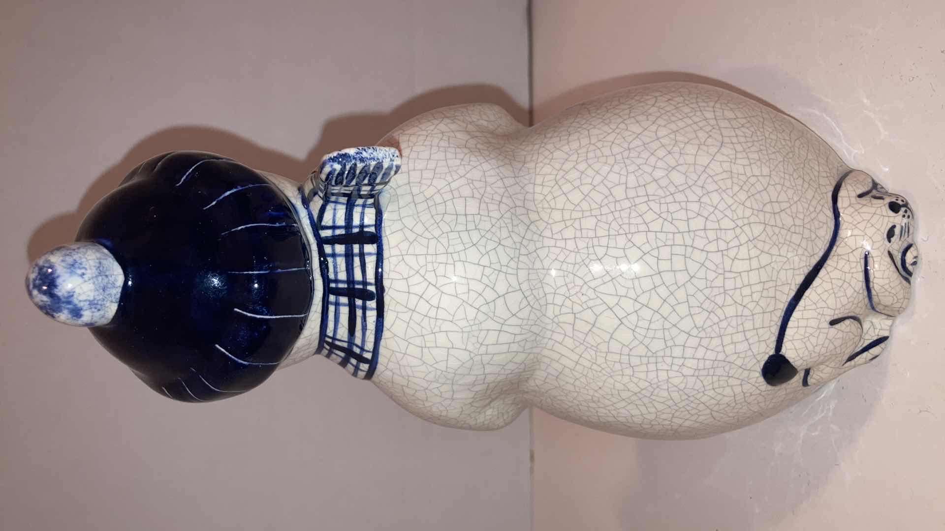 Photo 1 of DEDHAM POTTERY UCE CRACK GLAZE SNOWMAN HOLDING WREATH FIGURINE H8.75”