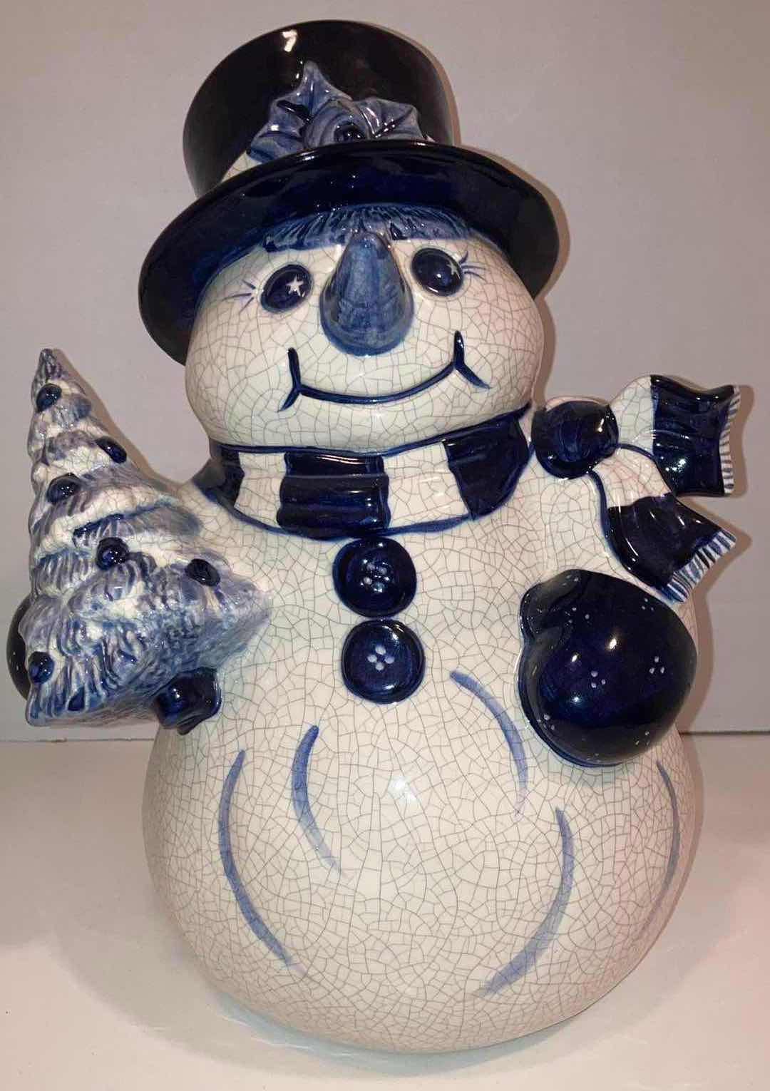 Photo 1 of DEDHAM POTTERY ICE CRACK GLAZE SNOWMAN HOLDING CHRISTMAS TREE FIGURINE H12”