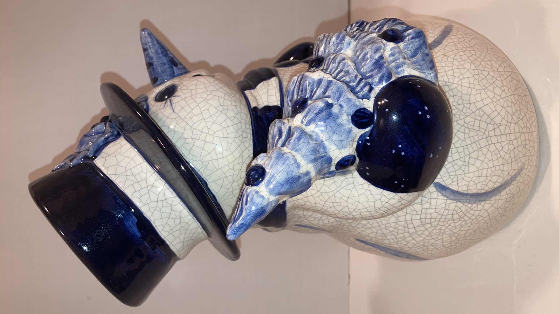 Photo 1 of DEDHAM POTTERY ICE CRACK GLAZE SNOWMAN HOLDING CHRISTMAS TREE FIGURINE H12”