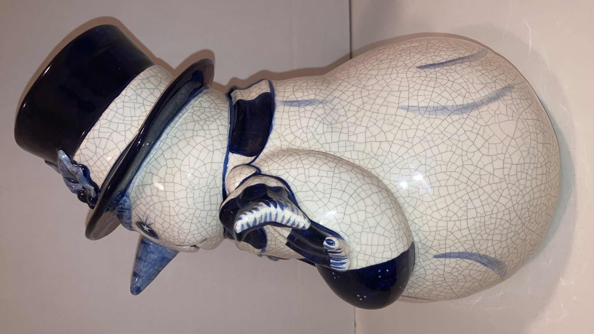 Photo 1 of DEDHAM POTTERY ICE CRACK GLAZE SNOWMAN HOLDING CHRISTMAS TREE FIGURINE H12”