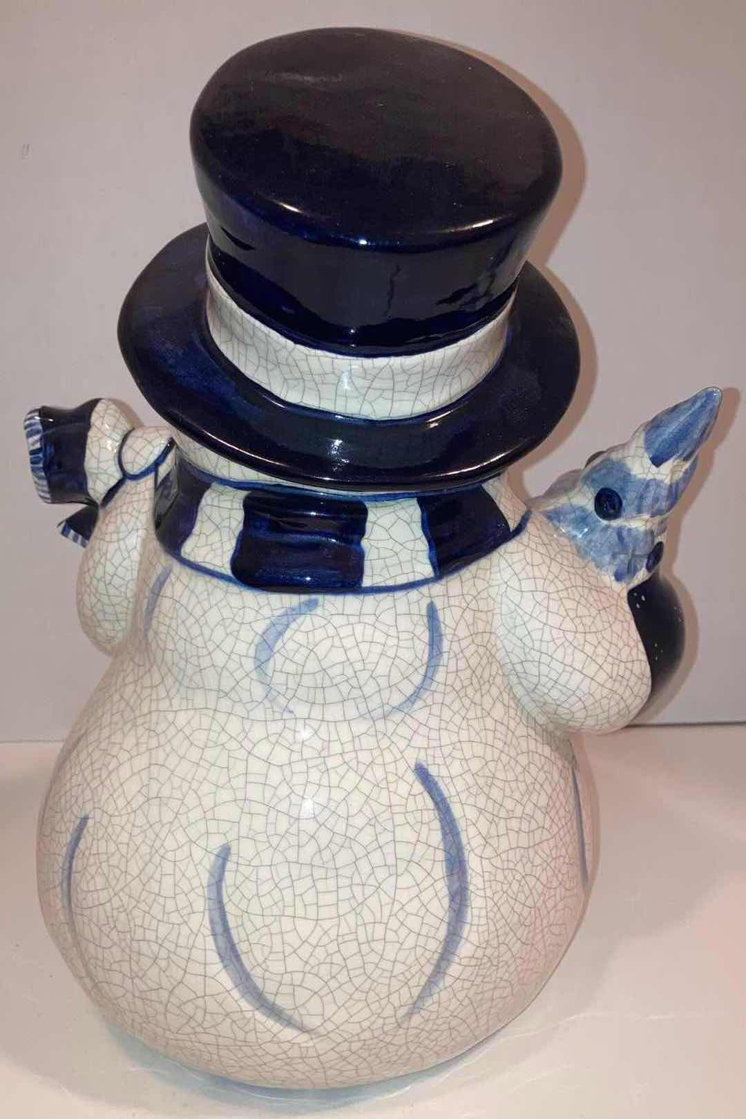 Photo 1 of DEDHAM POTTERY ICE CRACK GLAZE SNOWMAN HOLDING CHRISTMAS TREE FIGURINE H12”