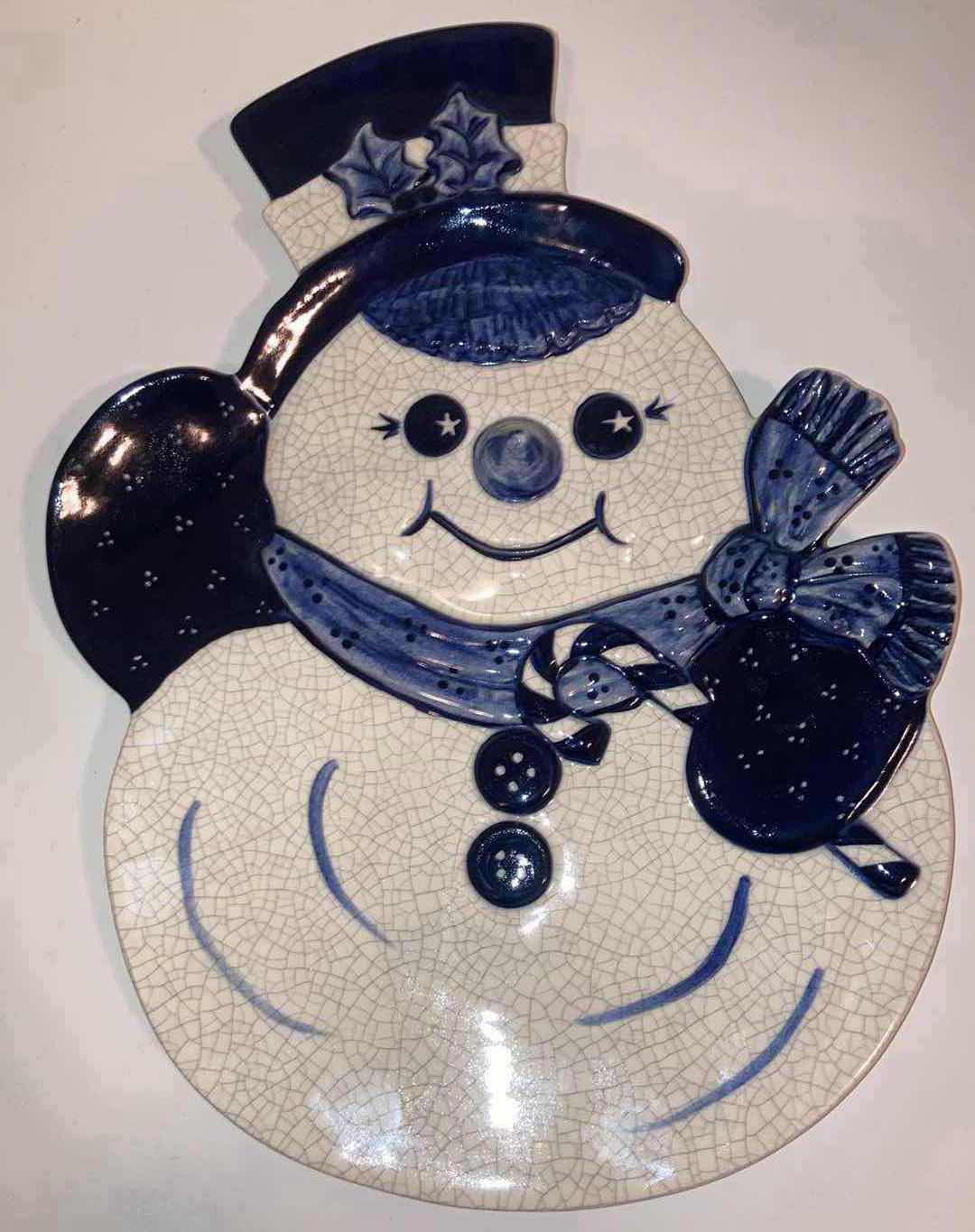 Photo 1 of DEDHAM POTTERY ICE CRACK GLAZE SNOWMAN SERVING TRAY 9” X 12”