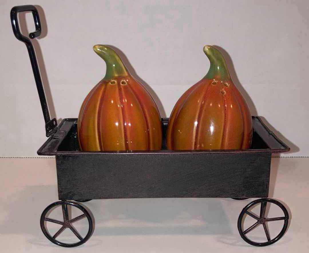 Photo 1 of CREATIVE CO-OP PUMPKIN WAGON SALT & PEPPER SHAKERS