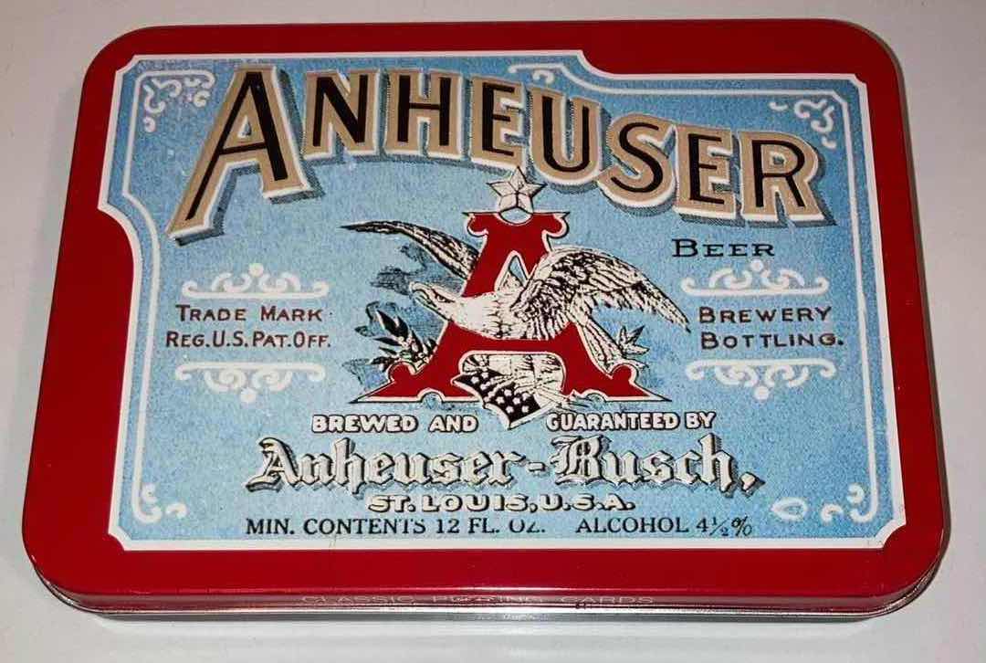Photo 1 of ANHEUSER BUSH BUDWEISER PLAY CARDS 2-DECK SET W TIN CASE