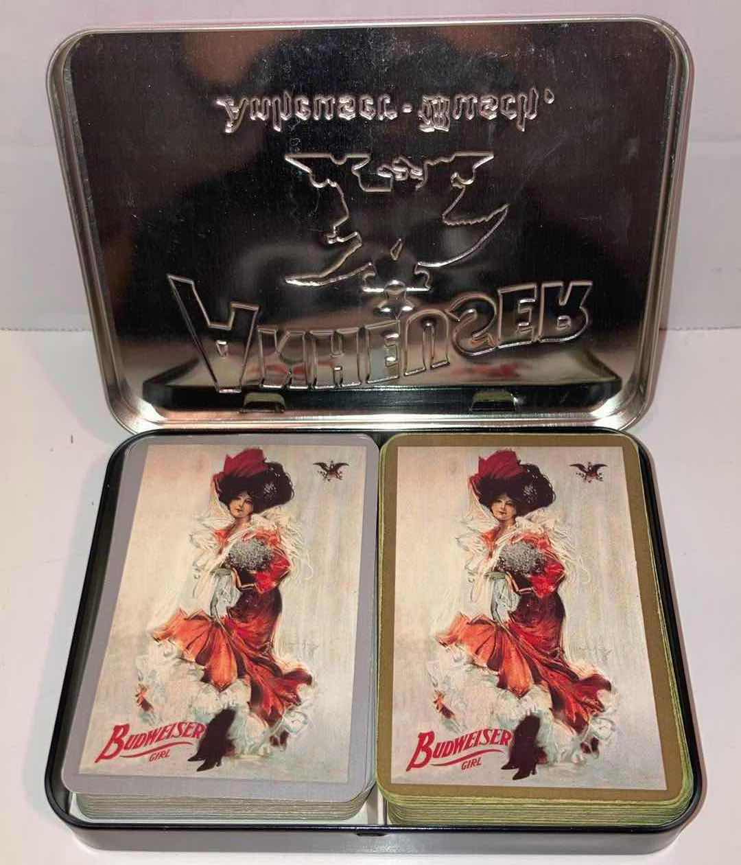 Photo 1 of ANHEUSER BUSH BUDWEISER PLAY CARDS 2-DECK SET W TIN CASE