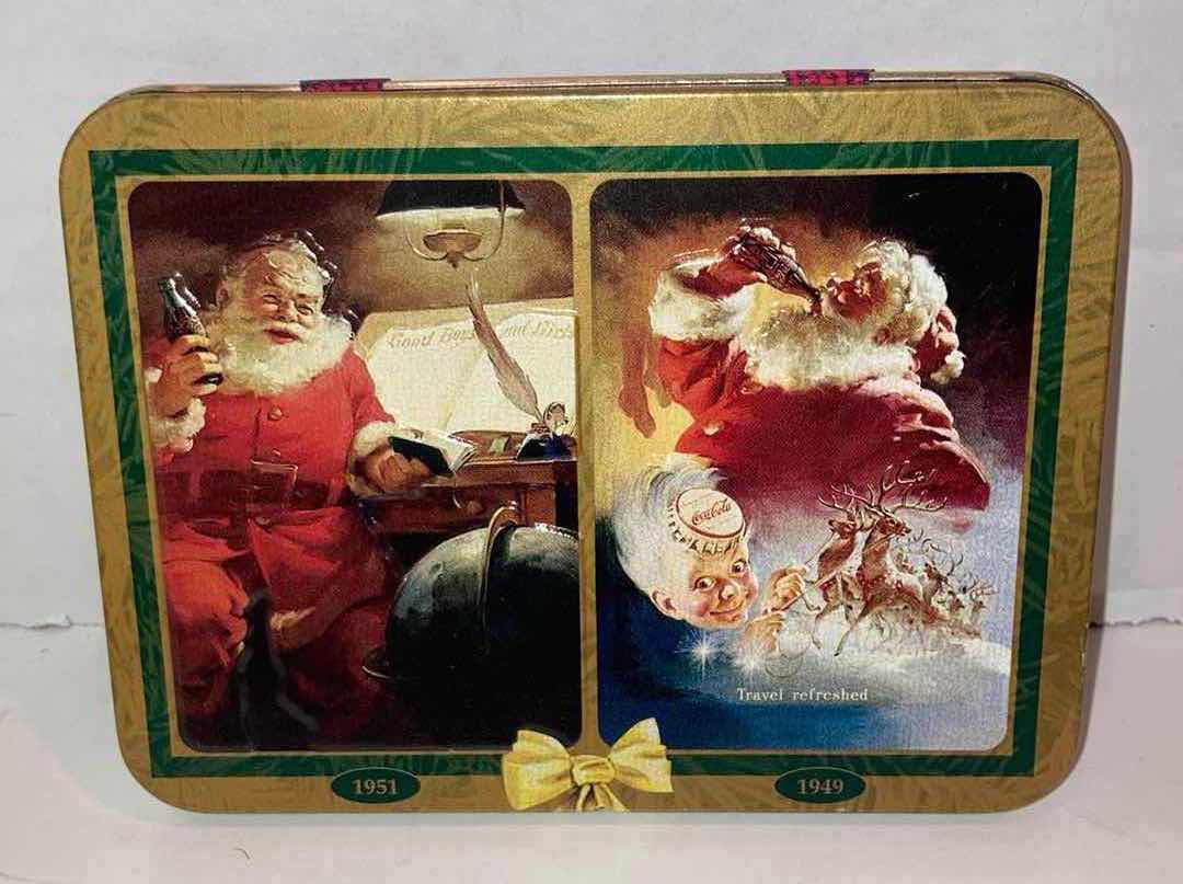 Photo 1 of COCA-COLA 1997 COLLECTABLE 2-DECK SANTA CLAUS ARTWORK PLAYING CARDS W TIN CASE & COCA-COLA 1985 PRESENTED BY CONGRESS 2-DECK PLAYING CARDS