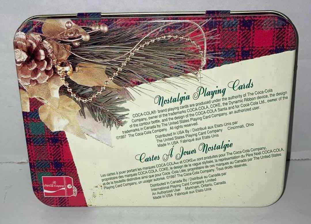 Photo 1 of COCA-COLA 1997 COLLECTABLE 2-DECK SANTA CLAUS ARTWORK PLAYING CARDS W TIN CASE & COCA-COLA 1985 PRESENTED BY CONGRESS 2-DECK PLAYING CARDS