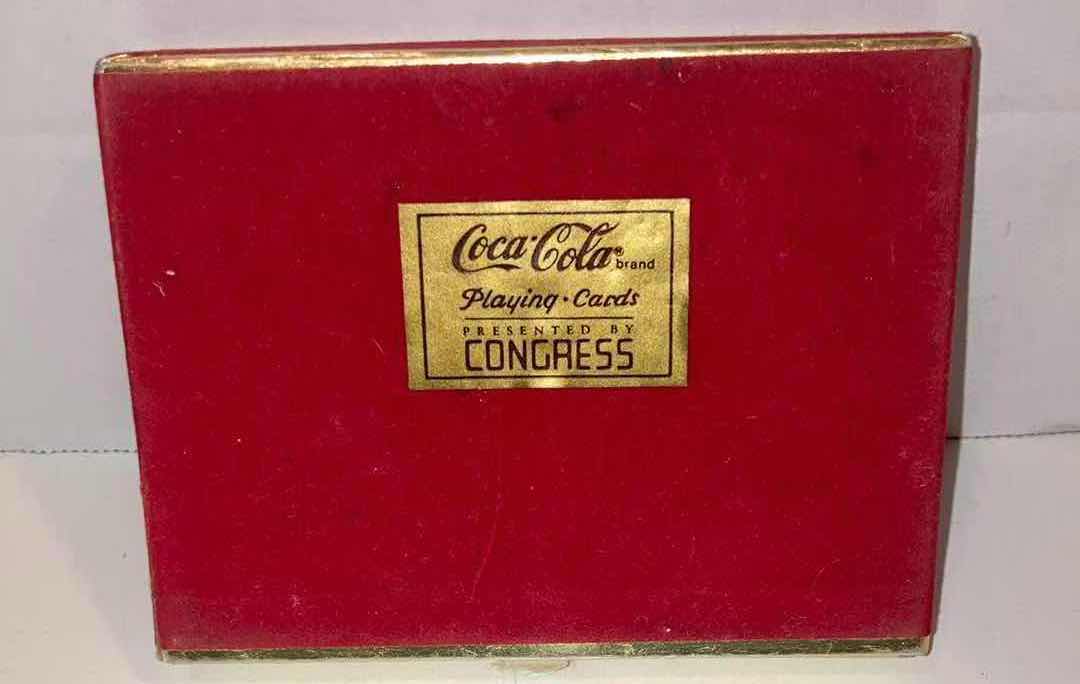 Photo 1 of COCA-COLA 1997 COLLECTABLE 2-DECK SANTA CLAUS ARTWORK PLAYING CARDS W TIN CASE & COCA-COLA 1985 PRESENTED BY CONGRESS 2-DECK PLAYING CARDS