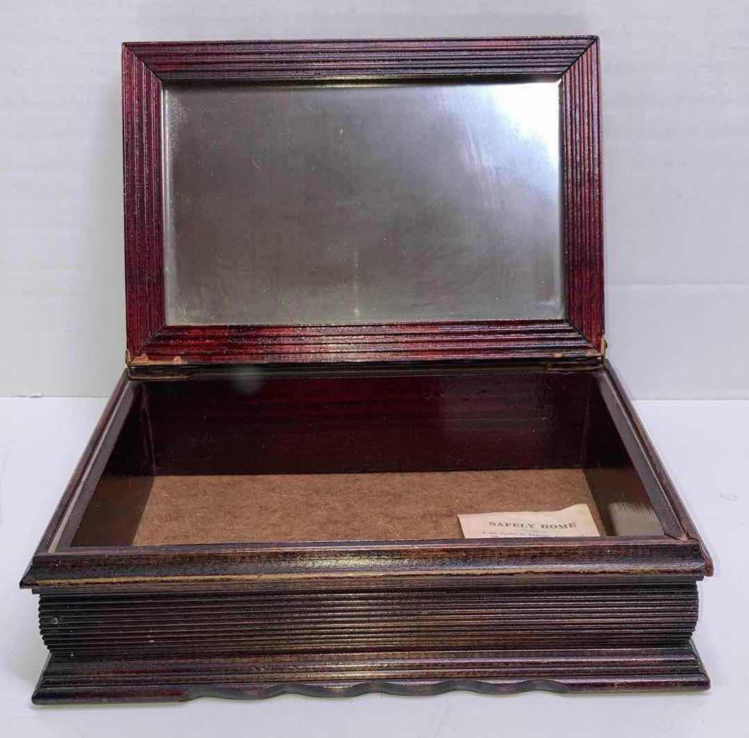 Photo 1 of 1900s WOOD JEWELRY BOX W FRAMED LANDSCAPE ART TOP & MIRROR 9.75” X 7” H3.25”