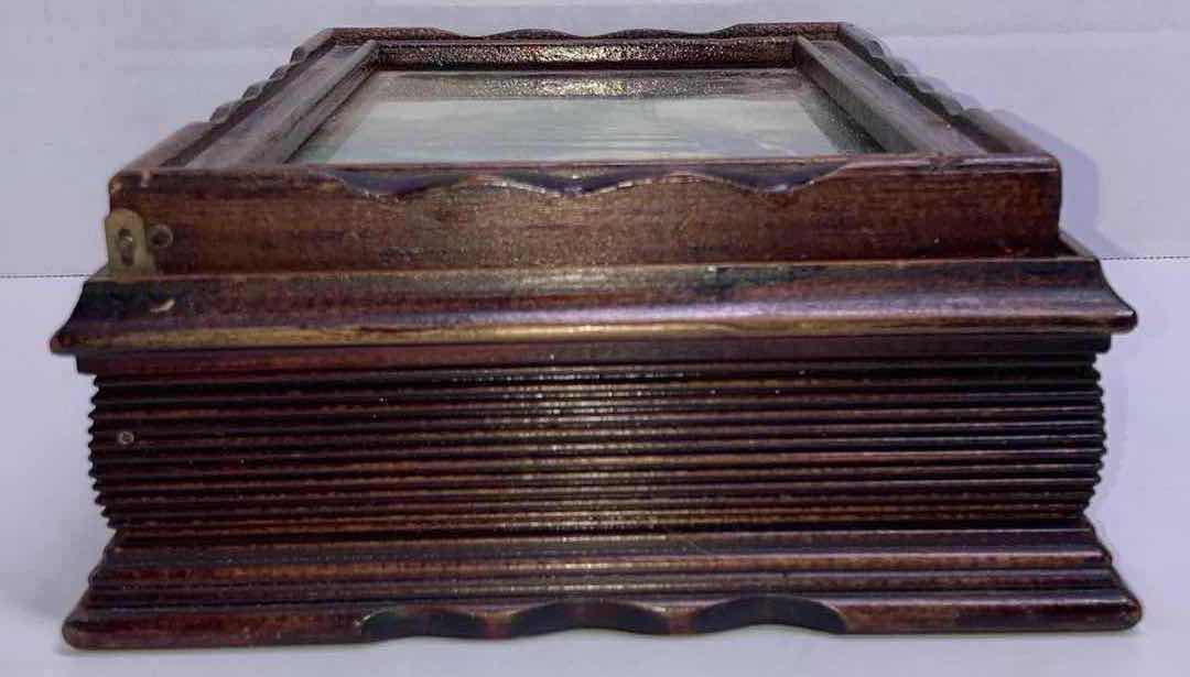 Photo 1 of 1900s WOOD JEWELRY BOX W FRAMED LANDSCAPE ART TOP & MIRROR 9.75” X 7” H3.25”