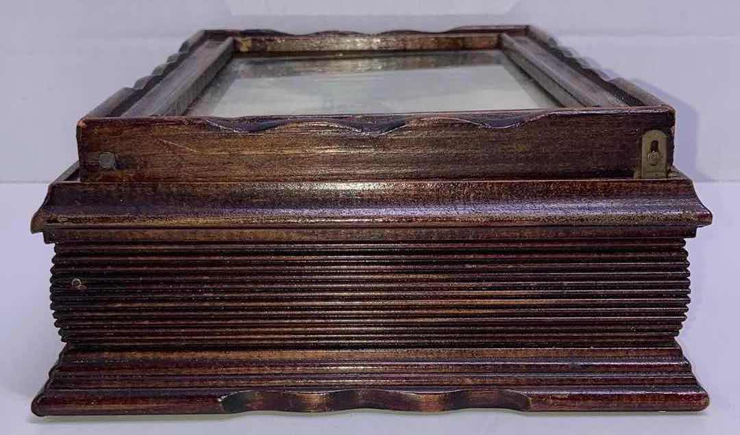 Photo 1 of 1900s WOOD JEWELRY BOX W FRAMED LANDSCAPE ART TOP & MIRROR 9.75” X 7” H3.25”