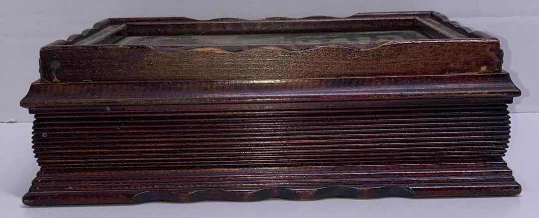 Photo 1 of 1900s WOOD JEWELRY BOX W FRAMED LANDSCAPE ART TOP & MIRROR 9.75” X 7” H3.25”