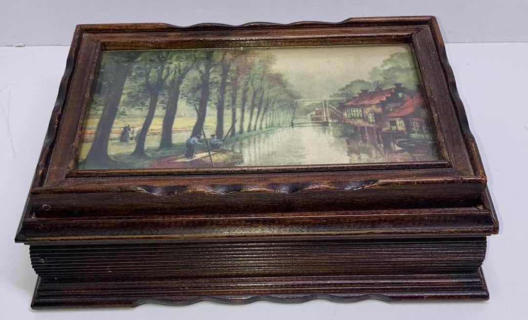 Photo 1 of 1900s WOOD JEWELRY BOX W FRAMED LANDSCAPE ART TOP & MIRROR 9.75” X 7” H3.25”