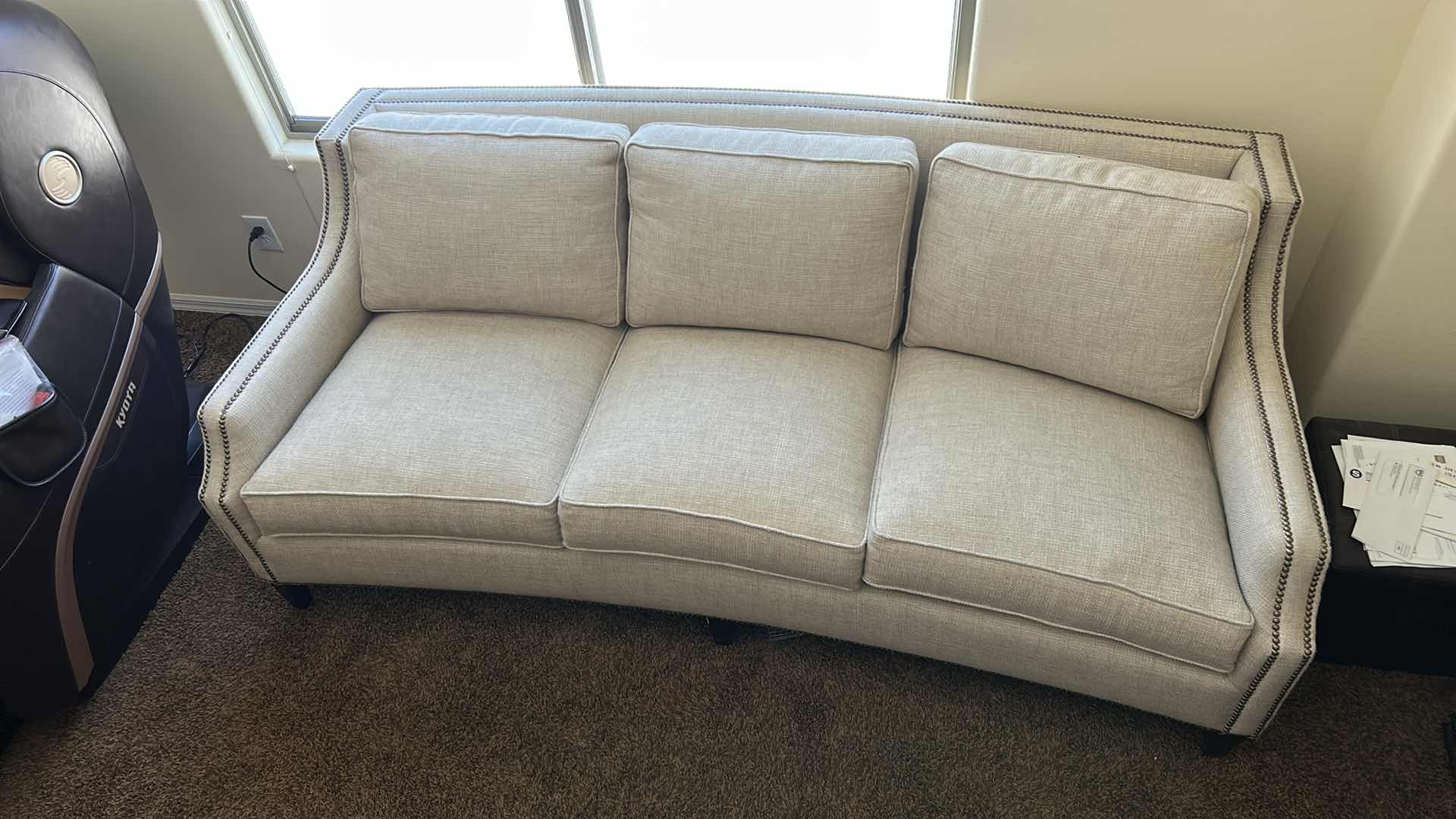 Photo 1 of 7' SOFA-  LEXINGTON UPHOLSTERY MADE IN USA OFF WHITE TEXTURED LINEN WITH NAIL HEAD FINISH