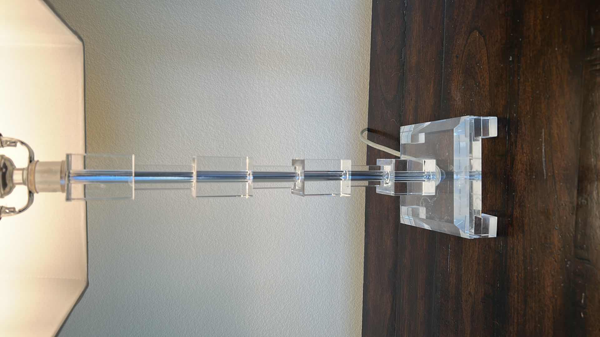 Photo 1 of ACRYLIC AND CHROME LAMP WITH WHITE LINEN SHADE H27”