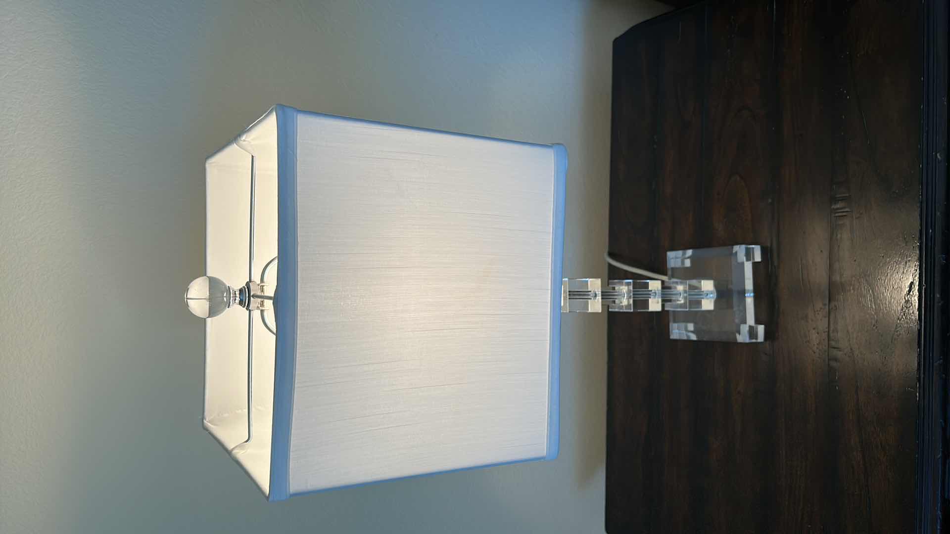 Photo 1 of ACRYLIC AND CHROME LAMP WITH WHITE LINEN SHADE H27”
