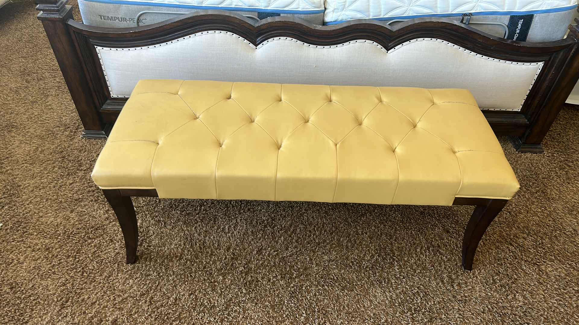 Photo 2 of DARK WOOD AND FAUX LEATHER BENCH $129.99 47“ x 19 1/2“ x 17“