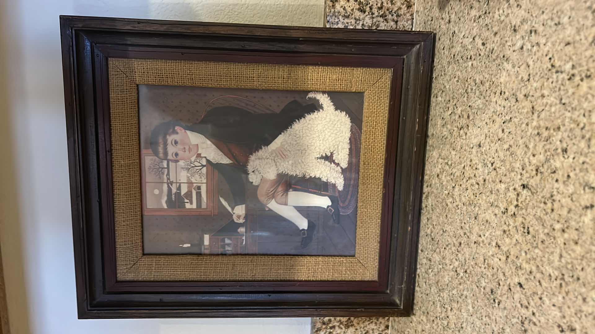 Photo 2 of 3 DOG RELATED ITEMS, PORCELAIN ENGLISH BULLDOG, SANDSTONE DOG SIGNED AND BOY WITH DOG FRAMED ARTWORK 12” x 14”