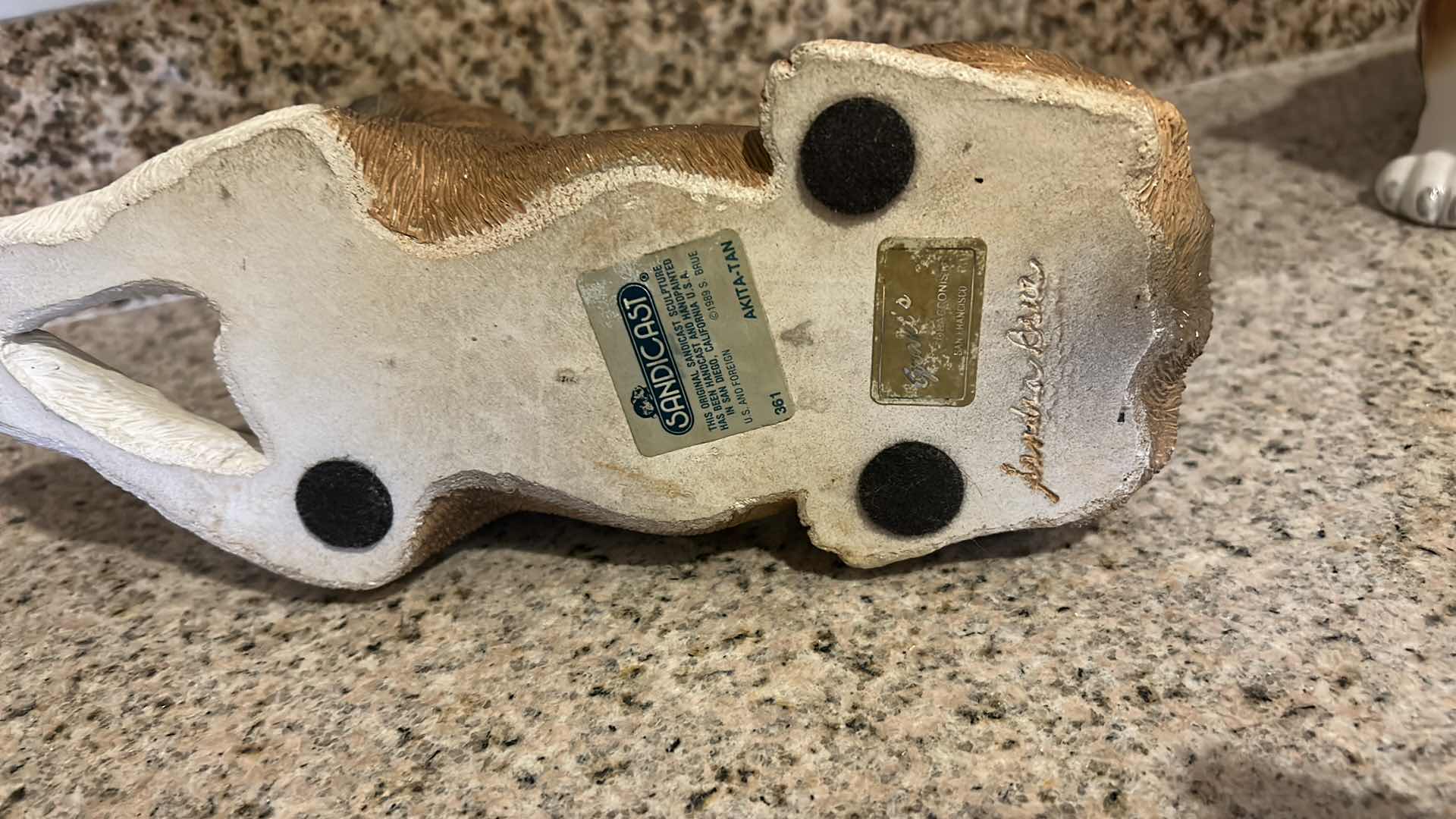 Photo 5 of 3 DOG RELATED ITEMS, PORCELAIN ENGLISH BULLDOG, SANDSTONE DOG SIGNED AND BOY WITH DOG FRAMED ARTWORK 12” x 14”